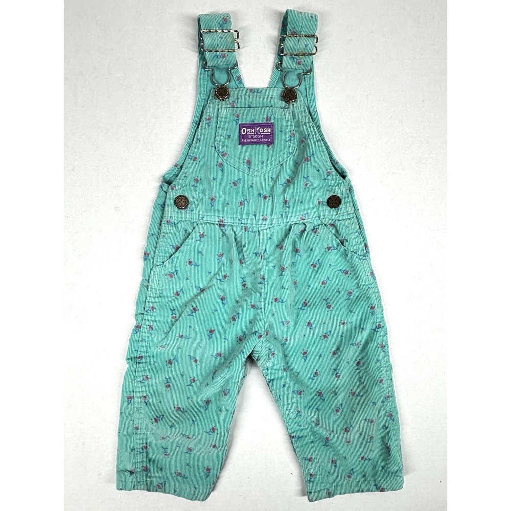 VTG OshKosh B'Gosh Floral Corduroy Overalls Girls 18 month‎ Green Triangle